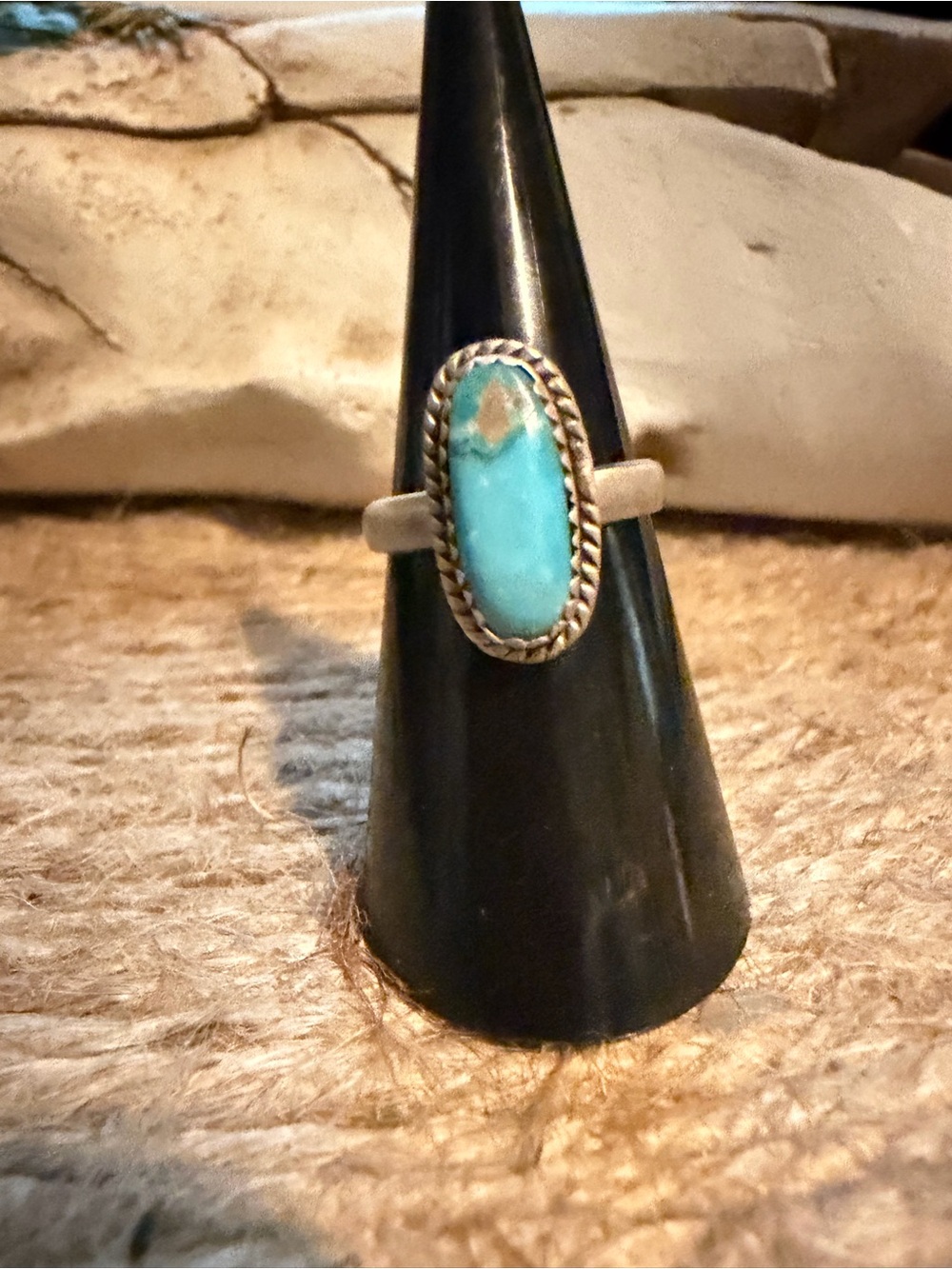 Sterling Silver Lone Mountain Turquoise Oval Ring Adjustable band.